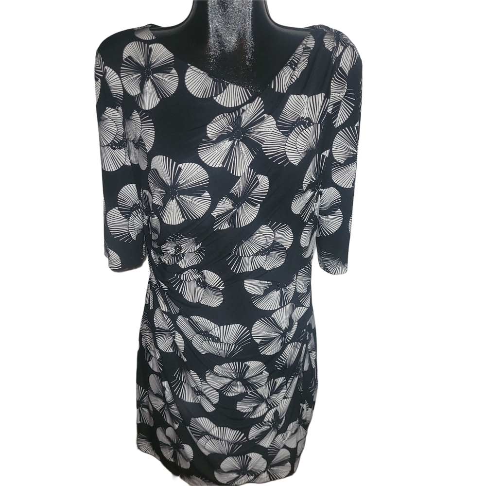 Connected Apparel Black and White Floral Midi Dress 16